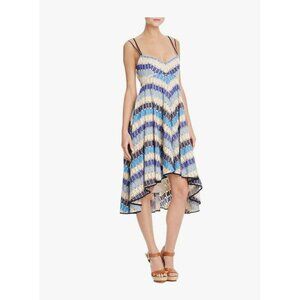 Milly Dress Sz 2 Blue Chevron Lolette Silk/Cotton Hi-Low Hem Designer MSRP $595